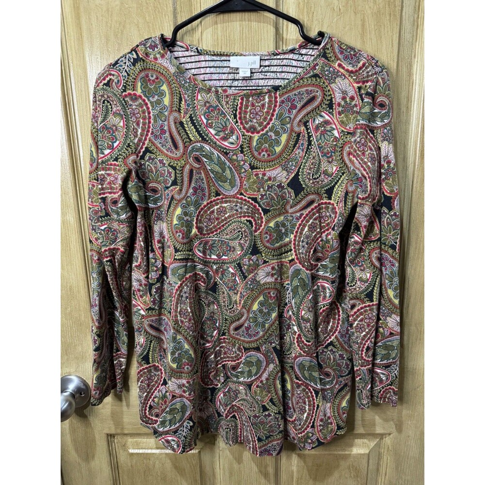 J Jill Womens XS Paisley Tunic Top Long Sleeve Cotton Modal Boho Multicolor